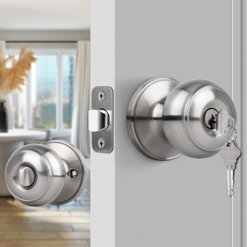 Gaurqiah Keyed Entry Door Knob, Flat Ball Interior Door Knob with Lock, Round Exterior Doorknob for Front/Entrance Doors, Stain Nickel - Image 1